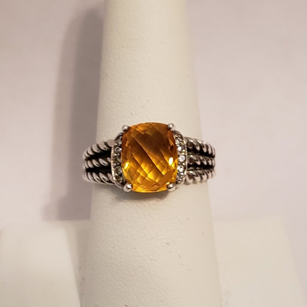 David Yurman Sterling Silver Petite Wheaton Citrine & Pavé Diamond Ring Size 7.5